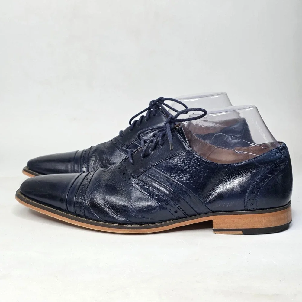Stacy Adams Shoes Men's Size 10.5 Navy Blue Leather Cap Toe Brogue Oxford Casual